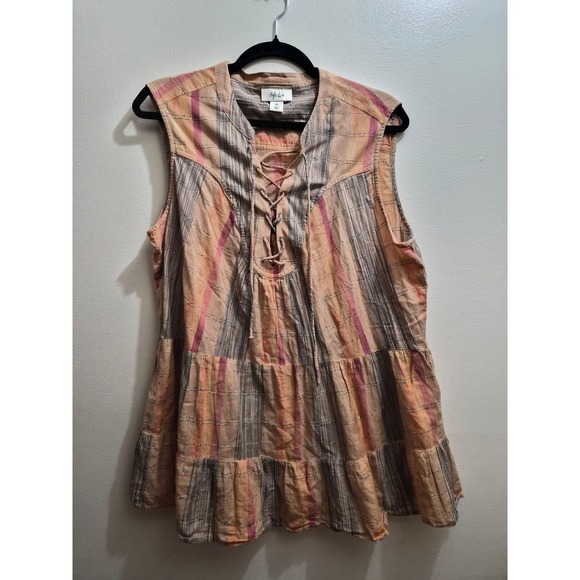 Style & Co. Tops - Style & Co Womens XL Pink Orange Plaid Lace Up Babydoll Ruffle Tank Top Boho